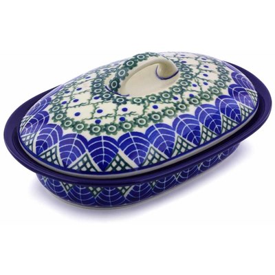Polish Pottery Baker with Cover 8&quot; Blue Alpine