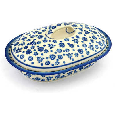 Polish Pottery Baker with Cover 8&quot; Blue Confetti