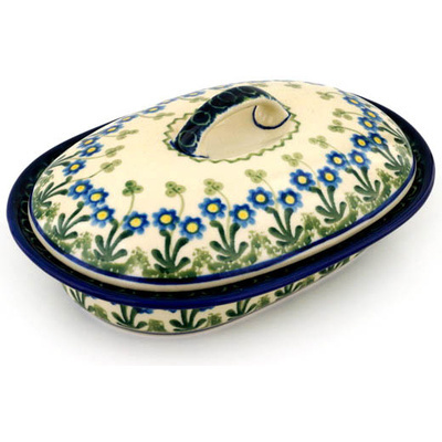 Polish Pottery Baker with Cover 8&quot; Blue Daisy Circle
