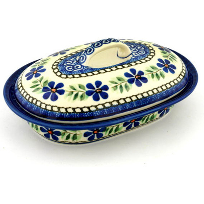 Polish Pottery Baker with Cover 8&quot; Blue Daisy Swirls