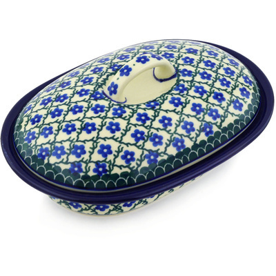 Polish Pottery Baker with Cover 8&quot; Blue Daisy Trellis