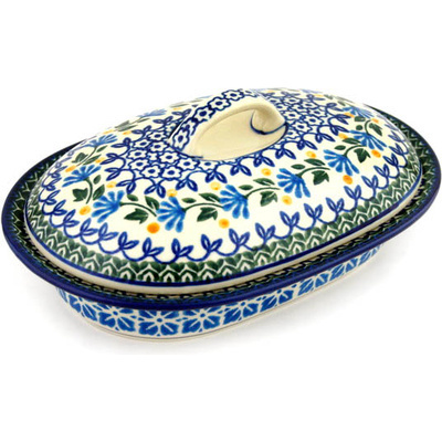 Polish Pottery Baker with Cover 8&quot; Blue Fan Flowers