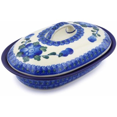 Polish Pottery Baker with Cover 8&quot; Blue Poppies