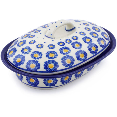 Polish Pottery Baker with Cover 8&quot; Blue Zinnia