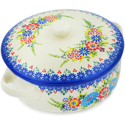 Polish Pottery Baker with Cover 8&quot; Bouquet In Bloom UNIKAT