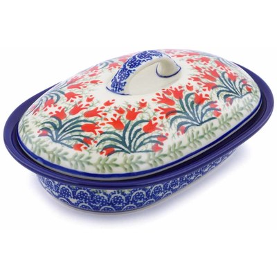 Polish Pottery Baker with Cover 8&quot; Crimson Bells