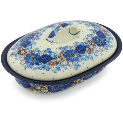 Polish Pottery Baker with Cover 8&quot; Flower Wreath UNIKAT