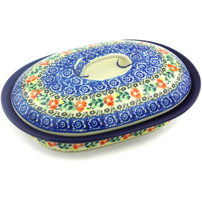 Polish Pottery Baker with Cover 8&quot; Hidden Meadow UNIKAT