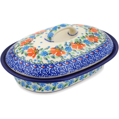 Polish Pottery Baker with Cover 8&quot; Orange Blooms UNIKAT