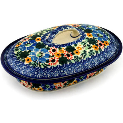 Polish Pottery Baker with Cover 8&quot; Peaking Dahlia UNIKAT