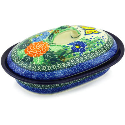 Polish Pottery Baker with Cover 8&quot; Spring Garden UNIKAT
