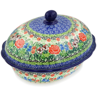 Polish Pottery Baker with Cover 9&quot; Basket Of Beauty UNIKAT