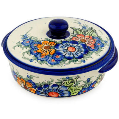 Polish Pottery Baker with Cover 9&quot; Summertime Blues UNIKAT