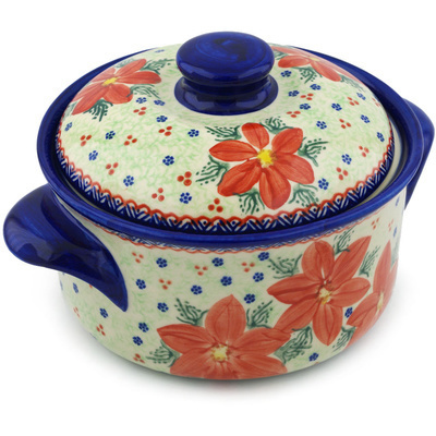 Polish Pottery Baker with Cover with Handles 10&quot; Poinsettia UNIKAT
