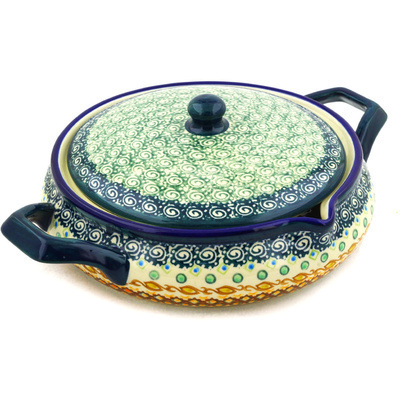 Polish Pottery Baker with Cover with Handles 11&quot; Artichoke Heart UNIKAT