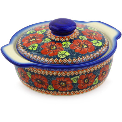 Polish Pottery Baker with Cover with Handles 11&quot; Autumn Poppies UNIKAT