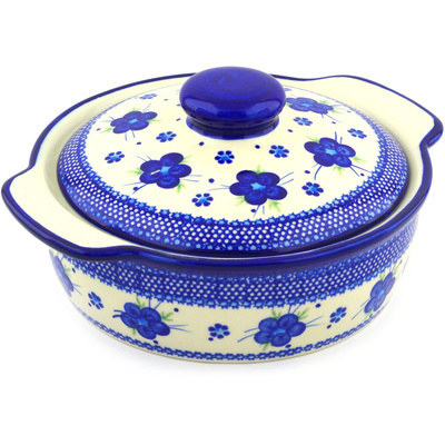 Polish Pottery Baker with Cover with Handles 11&quot; Bleu-belle Fleur