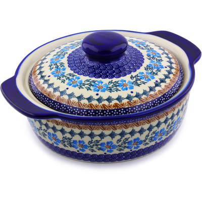 Polish Pottery Baker with Cover with Handles 11&quot; Blue Cornflower