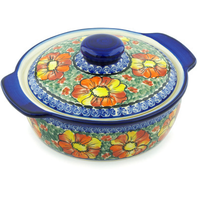 Polish Pottery Baker with Cover with Handles 11&quot; Bold Poppies UNIKAT