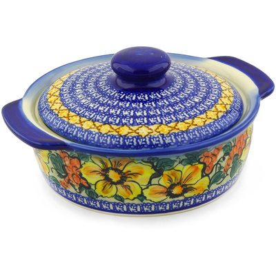 Polish Pottery Baker with Cover with Handles 11&quot; Colorful Bouquet UNIKAT