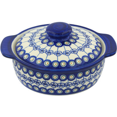 Polish Pottery Baker with Cover with Handles 11&quot; Flowering Peacock