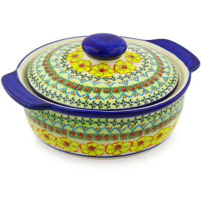 Polish Pottery Baker with Cover with Handles 11&quot; Yellow Sunshine