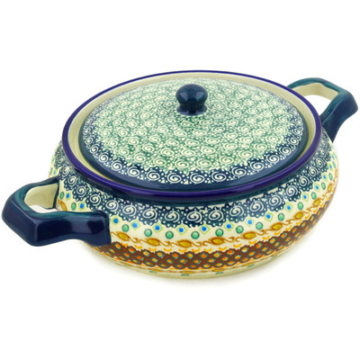 Polish Pottery Baker with Cover with Handles 12&quot; Artichoke Heart UNIKAT
