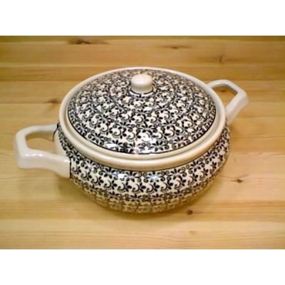 Polish Pottery Baker with Cover with Handles 12&quot; Black Lace Vines