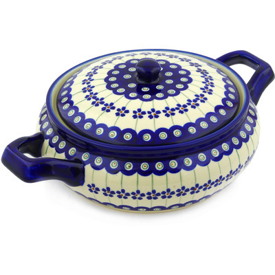 Polish Pottery Baker with Cover with Handles 12&quot; Flowering Peacock