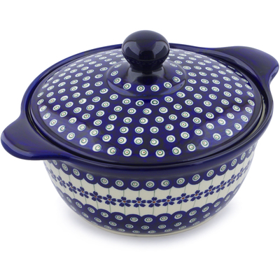 Polish Pottery Baker with Cover with Handles 12&quot; Flowering Peacock