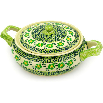 Polish Pottery Baker with Cover with Handles 12&quot; Lime Flowers