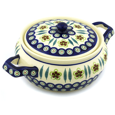 Polish Pottery Baker with Cover with Handles 12&quot; Peacock Garden