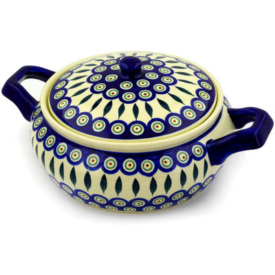 Polish Pottery Baker with Cover with Handles 12&quot; Peacock Leaves
