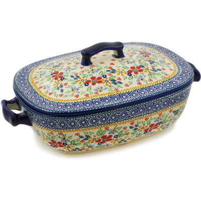 Polish Pottery Baker with Cover with Handles 12&quot; Ruby Bouquet UNIKAT