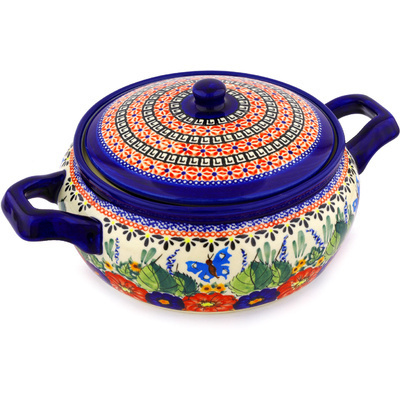 Polish Pottery Baker with Cover with Handles 12&quot; Spring Splendor UNIKAT