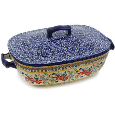 Polish Pottery Baker with Cover with Handles 12&quot; Summer Bouquet UNIKAT