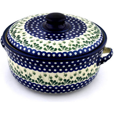 Polish Pottery Baker with Cover with Handles 14&quot; Bleeding Heart Peacock
