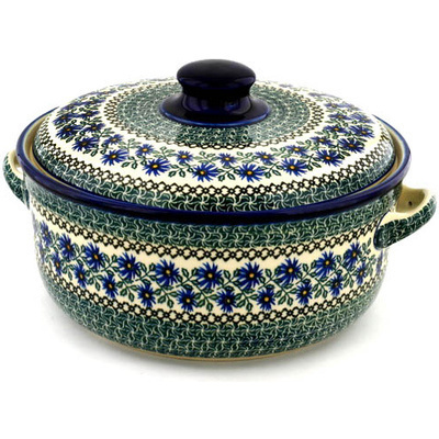 Polish Pottery Baker with Cover with Handles 14&quot; Blue Chicory
