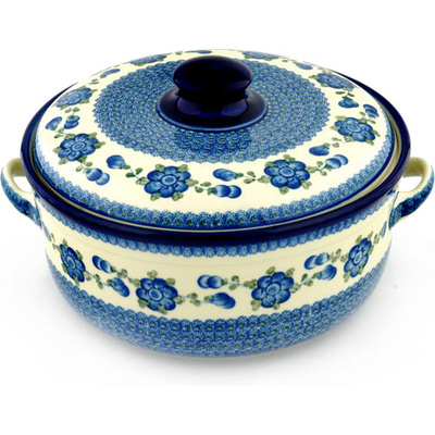 Polish Pottery Baker with Cover with Handles 14&quot; Blue Poppies