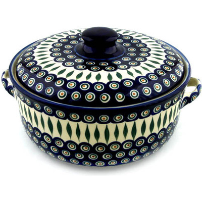 Polish Pottery Baker with Cover with Handles 14&quot; Peacock Leaves