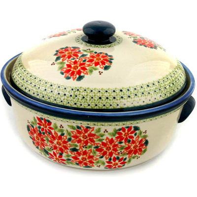 Polish Pottery Baker with Cover with Handles 15&quot; Christmas Poinsettias
