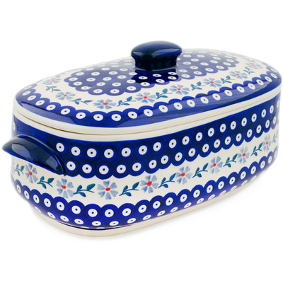 Polish Pottery Baker with Cover with Handles 15&quot; Peacock Forget-me-not