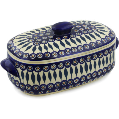 Polish Pottery Baker with Cover with Handles 15&quot; Peacock