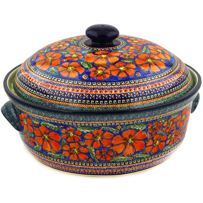Polish Pottery Baker with Cover with Handles 15&quot; Poppies UNIKAT