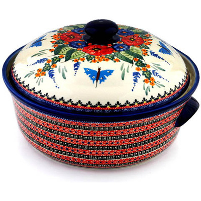 Polish Pottery Baker with Cover with Handles 15&quot; Spring Splendor UNIKAT