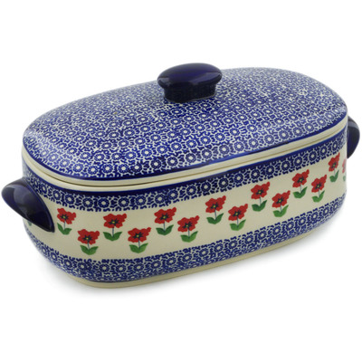 Polish Pottery Baker with Cover with Handles 15&quot; Wind-blown Poppies