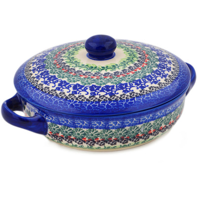 Polish Pottery Baker with Cover with Handles 8&quot; Azure Passion UNIKAT