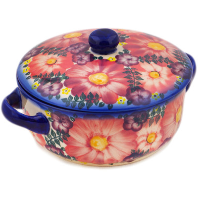 Polish Pottery Baker with Cover with Handles 8&quot; Blossoming Purple Harmony UNIKAT