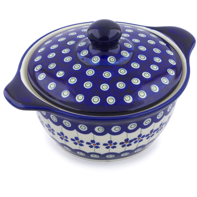 Polish Pottery Baker with Cover with Handles 8&quot; Flowering Peacock