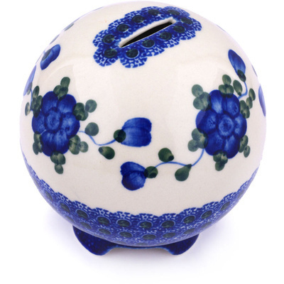 Polish Pottery Ball Piggy Bank 4&quot; Blue Poppies